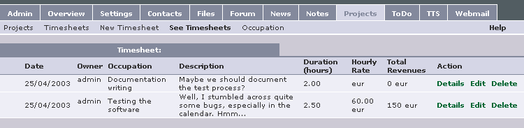 Listing timesheets for a project
