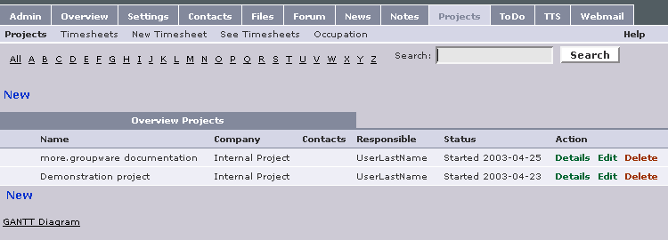 A lista de projetos definidos